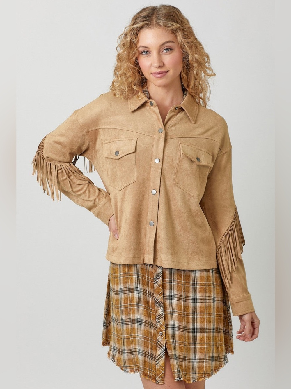 Mystree Fringe Faux Suede Jacket Latte Size Large Western Boho Shacket EUC